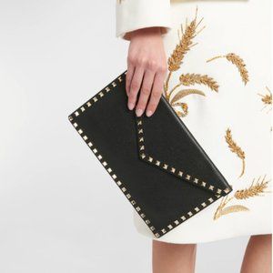 VALENTINO Black Leather Rockstud Large Envelope Clutch